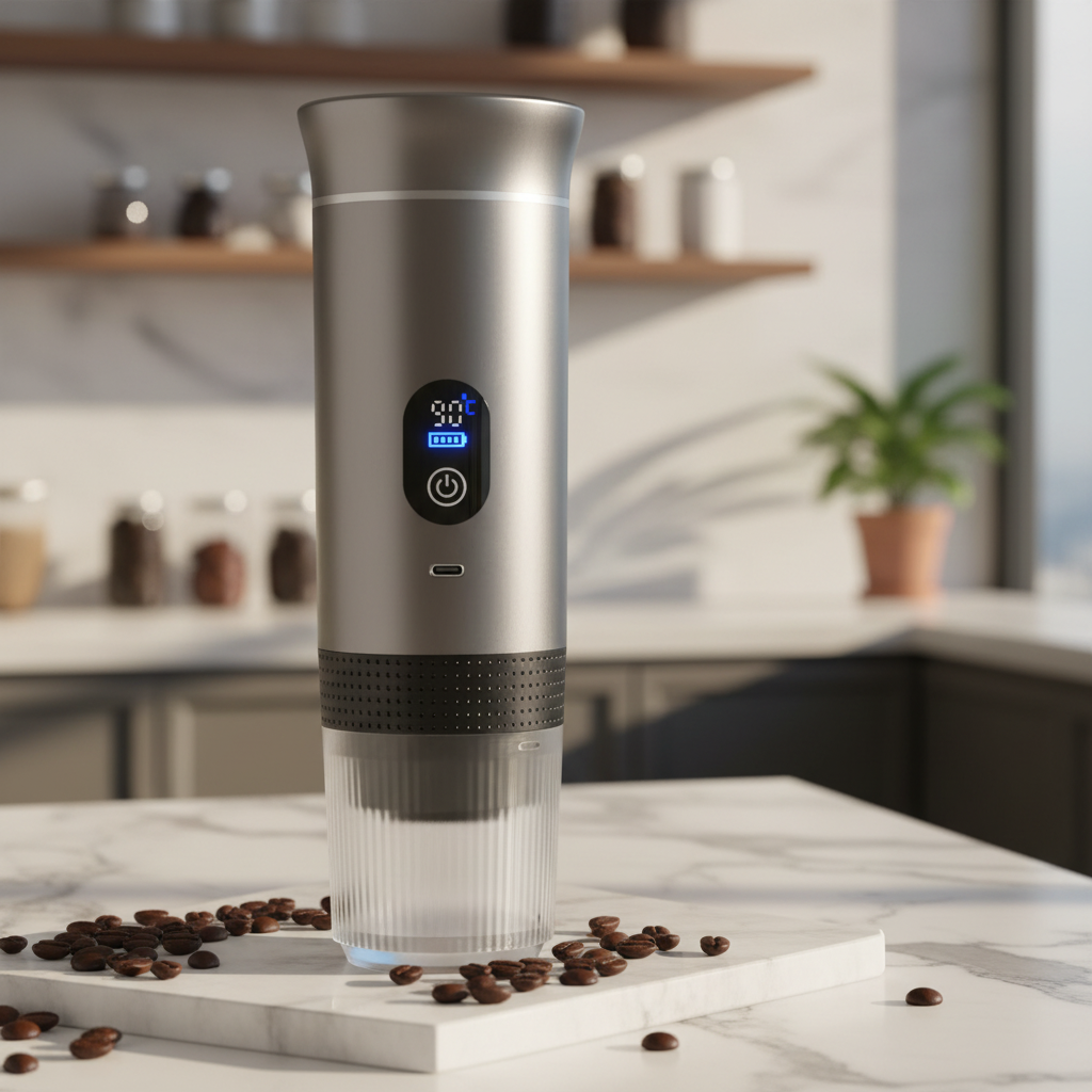 BrewGo Pro Space Grey lifestyle on marble with coffee beans