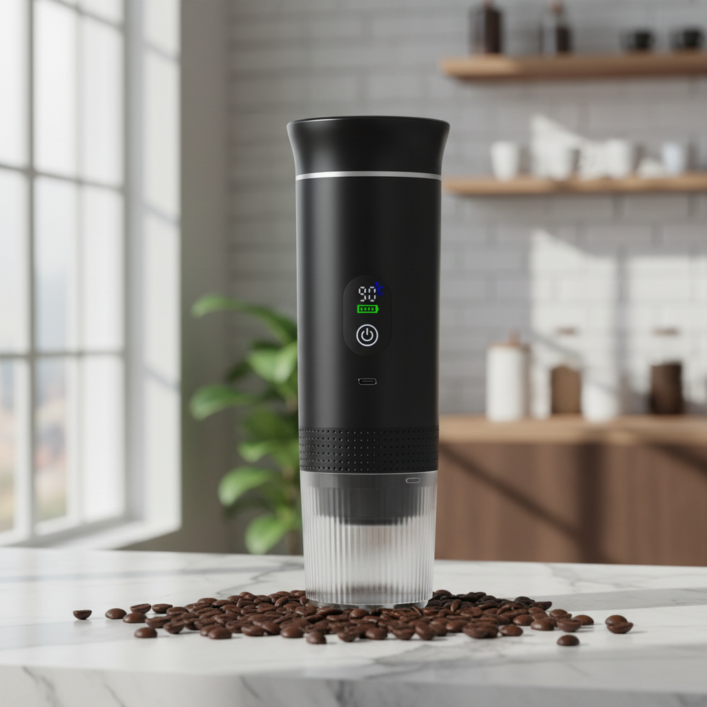 BrewGo Pro Matte Black lifestyle on marble with coffee beans